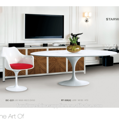 Modern tulip dining table Carrara marble and Calacatte white aluminium base oval table